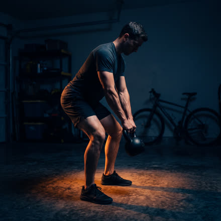 A man mid kettlebell swing in a dark garage