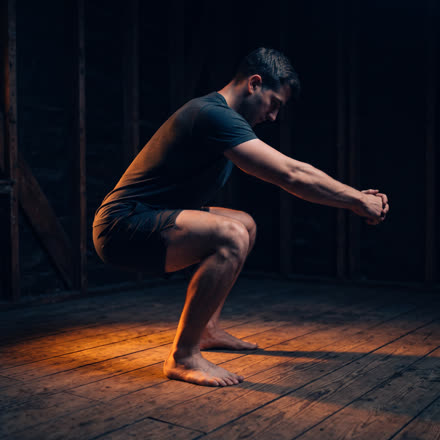 A man at the bottom of a bodyweight squat on a wooden floor