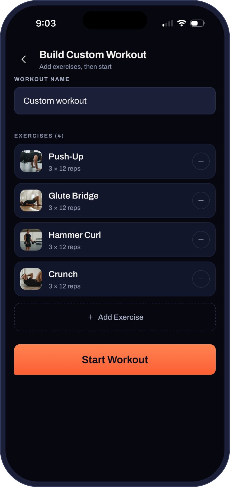 The Build Custom Workout screen with four exercises added and a Start Workout button