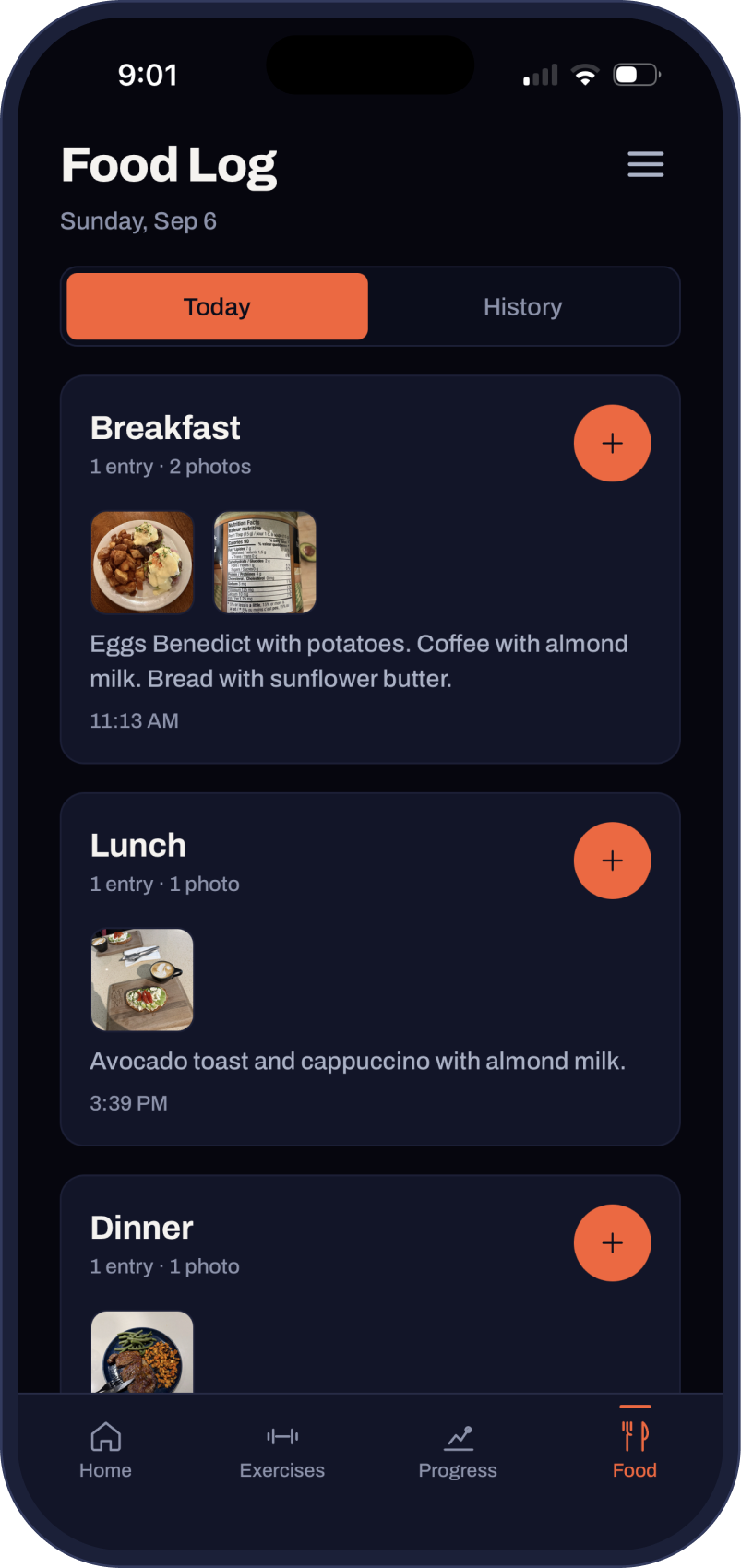 The Fit Forged food log showing breakfast, lunch and dinner entries with meal photos