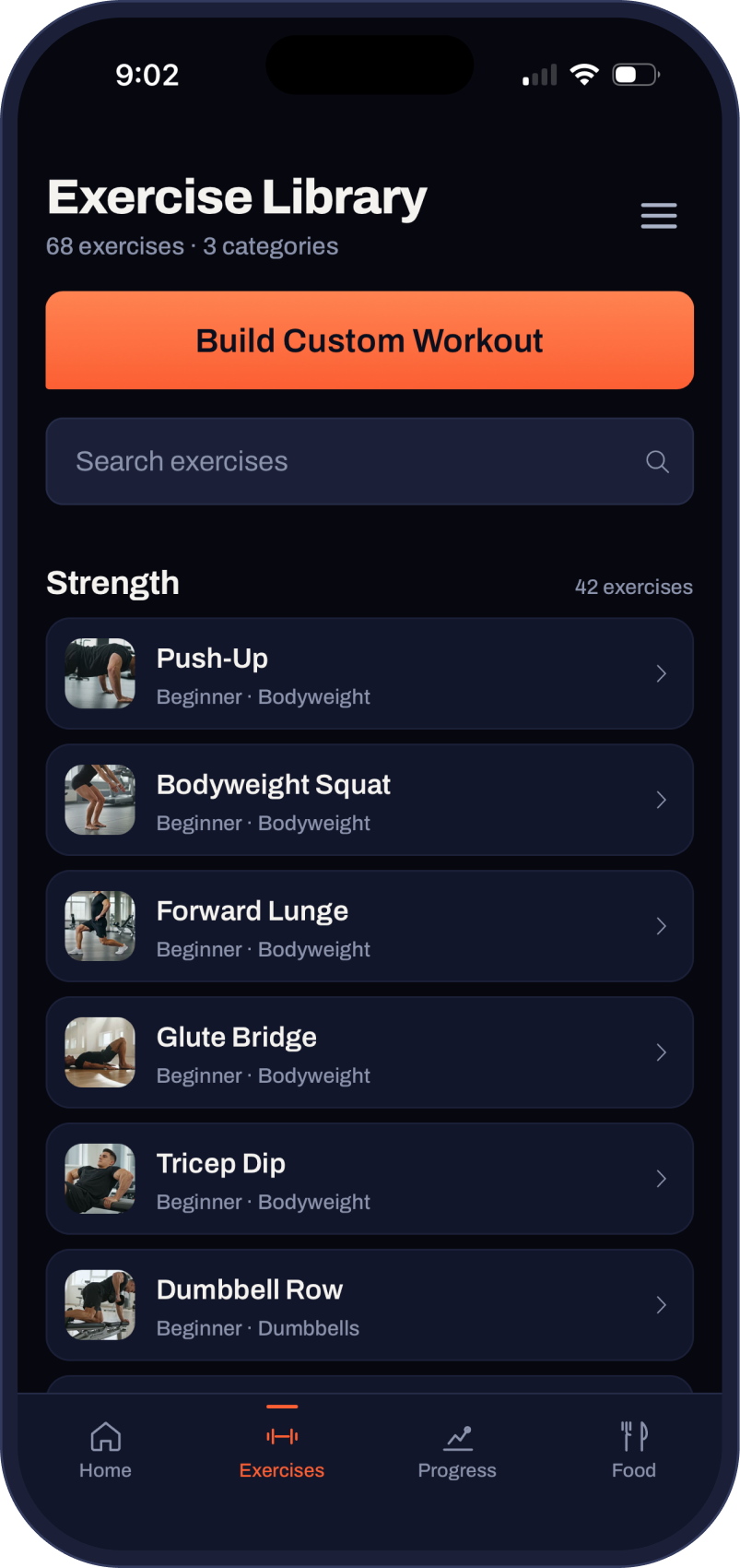 The Fit Forged exercise library listing 68 exercises with search and categories