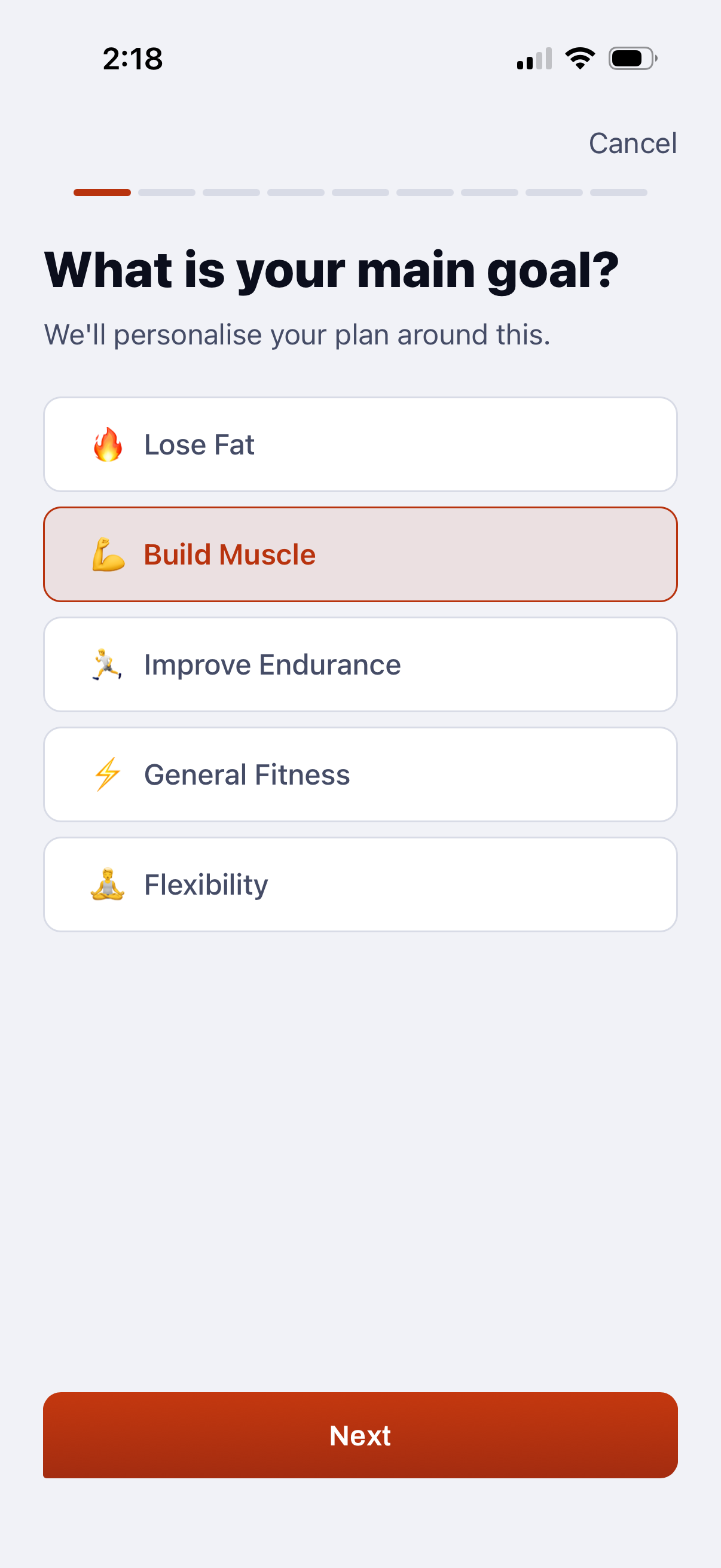 Fit Forged onboarding screen asking for your main goal